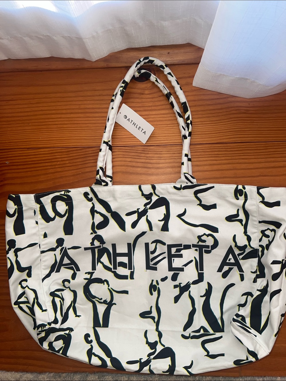 NWT Athleta Power of She Canvas Tote Bag Abstract Yoga Graphic White Black Large